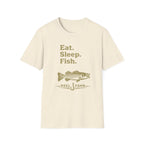 Comfort Colors unisex t-shirt in natural, featuring "Eat. Sleep. Fish." text and a bass graphic.