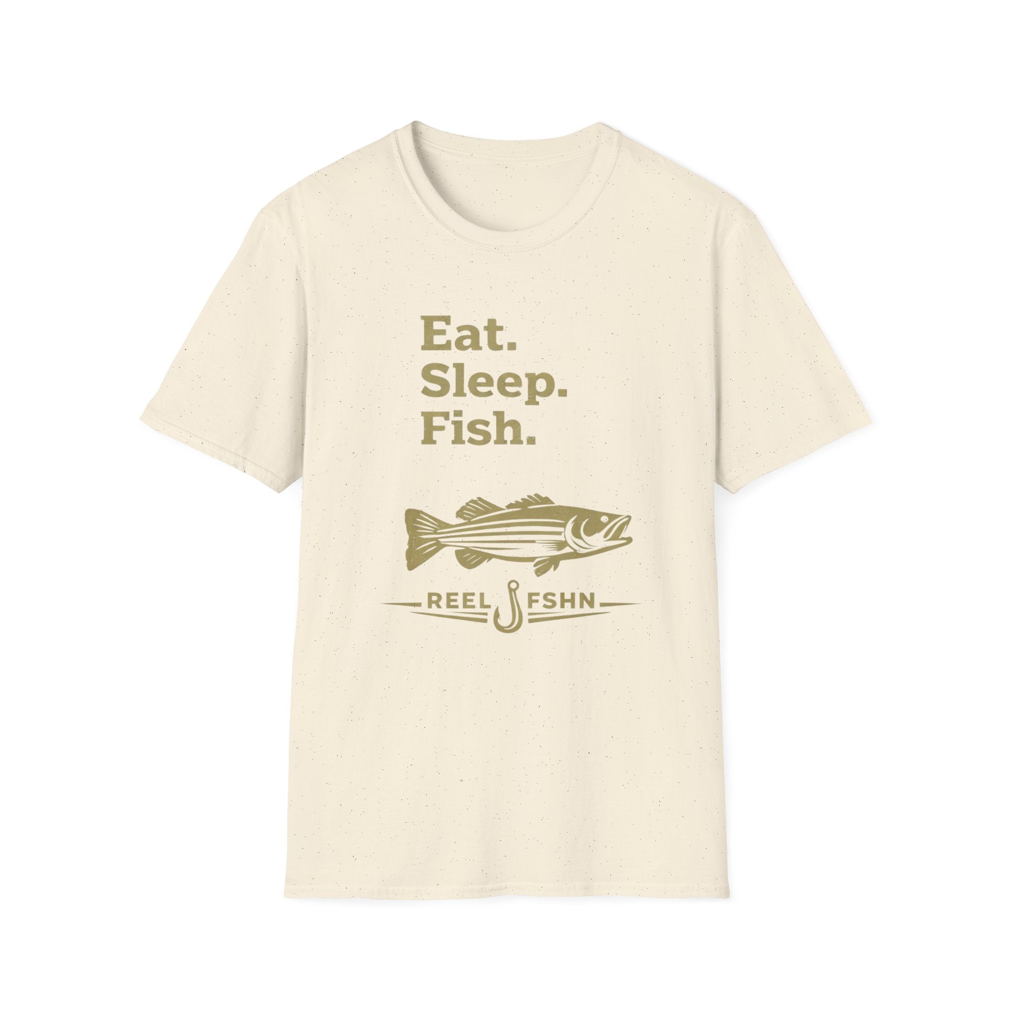 Comfort Colors unisex t-shirt in natural, featuring "Eat. Sleep. Fish." text and a bass graphic.