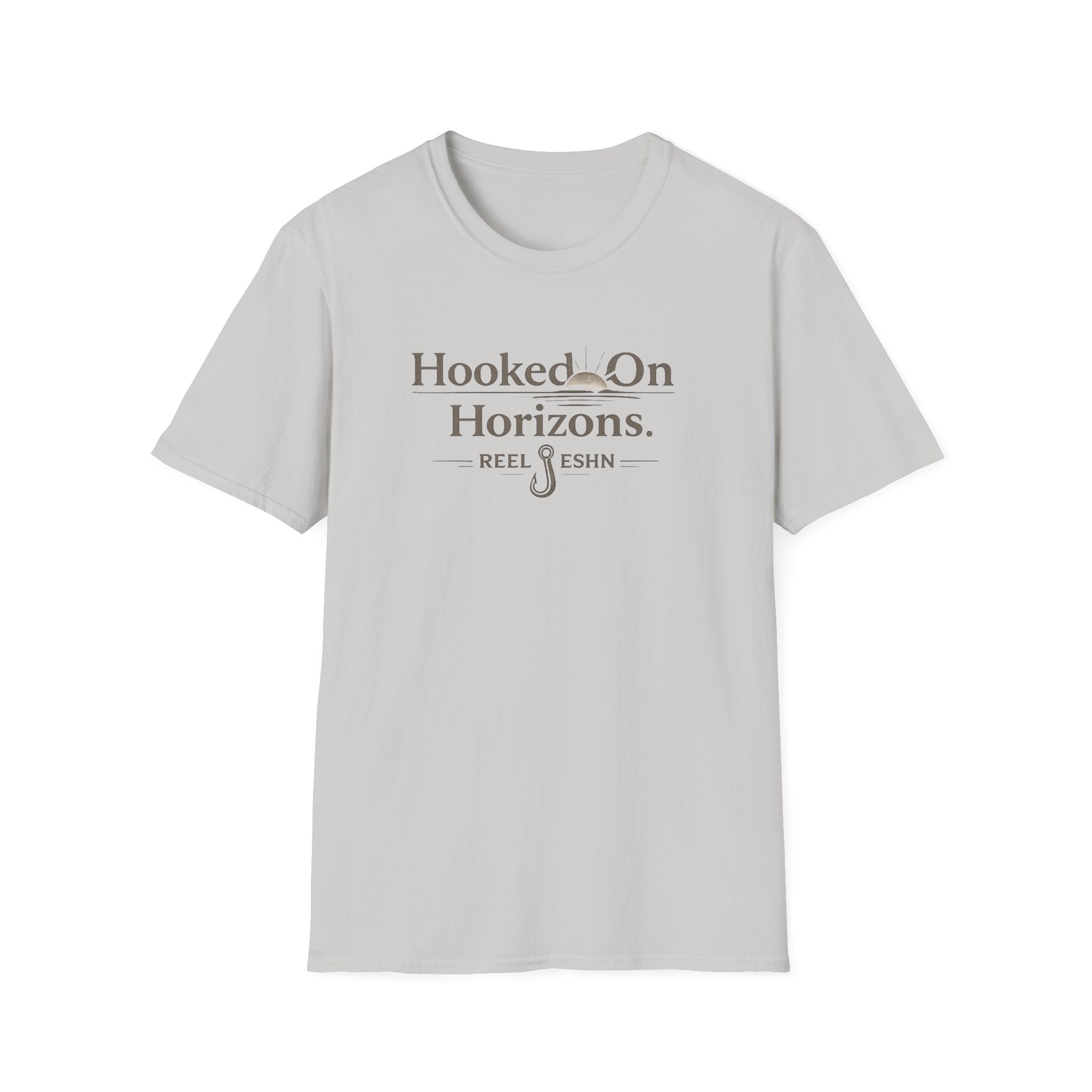 Light gray Comfort Colors unisex t-shirt with "Hooked On Horizons. REEL FESHN" graphic and fishing hook design.