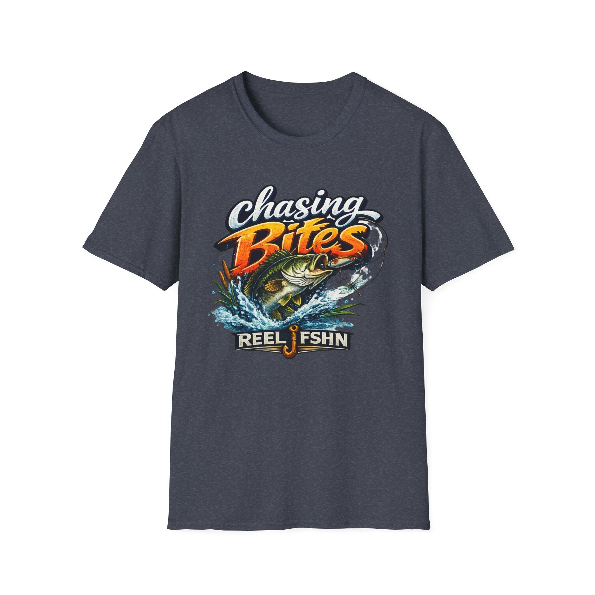 Comfort Colors navy unisex tee with "Chasing Bites" graphic, a jumping bass, and "REEL FSHN" logo.