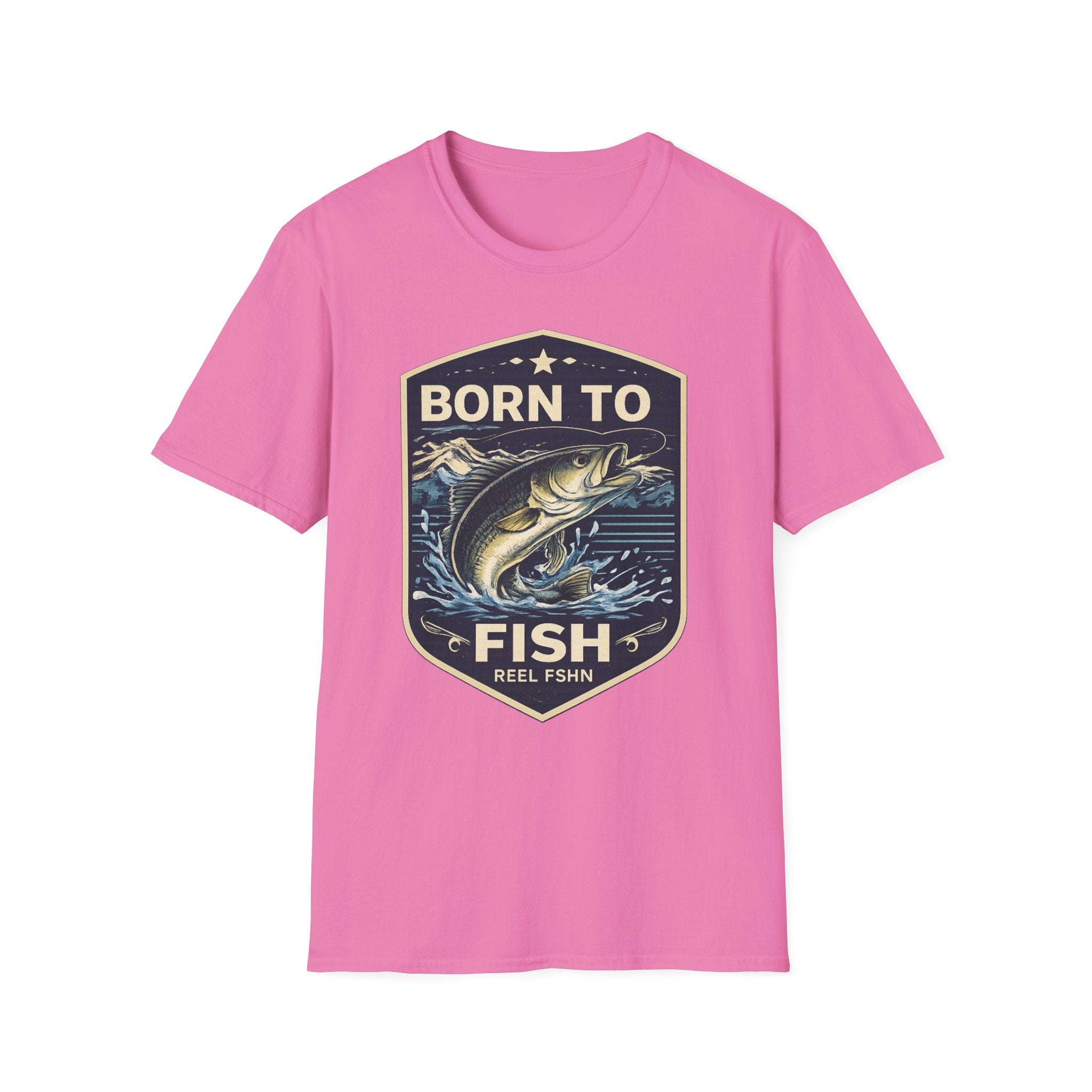 Pink Comfort Colors unisex t-shirt with "Born to Fish" graphic featuring a bass jumping from water.