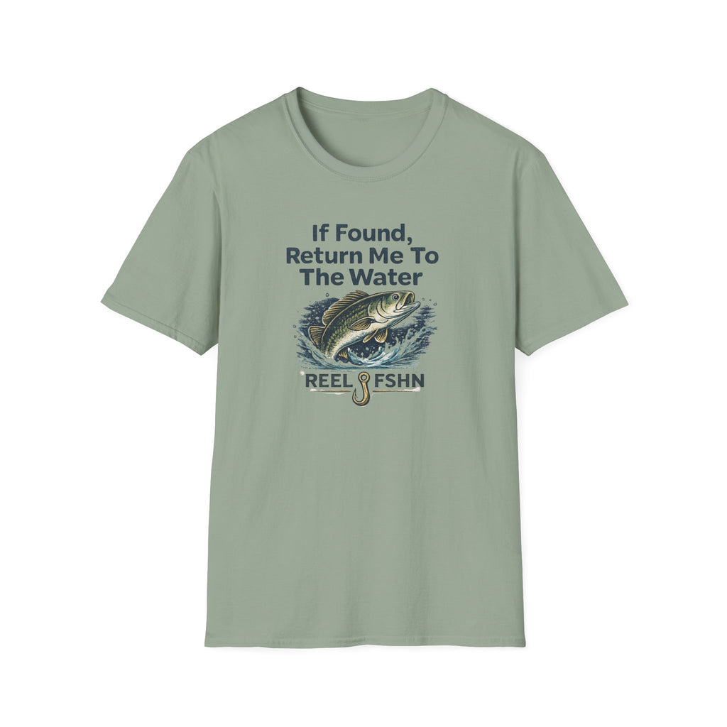 Sage green Comfort Colors cotton t-shirt with "If Found, Return Me To The Water" text and a jumping bass graphic.