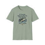 Sage green Comfort Colors cotton t-shirt with "If Found, Return Me To The Water" text and a jumping bass graphic.