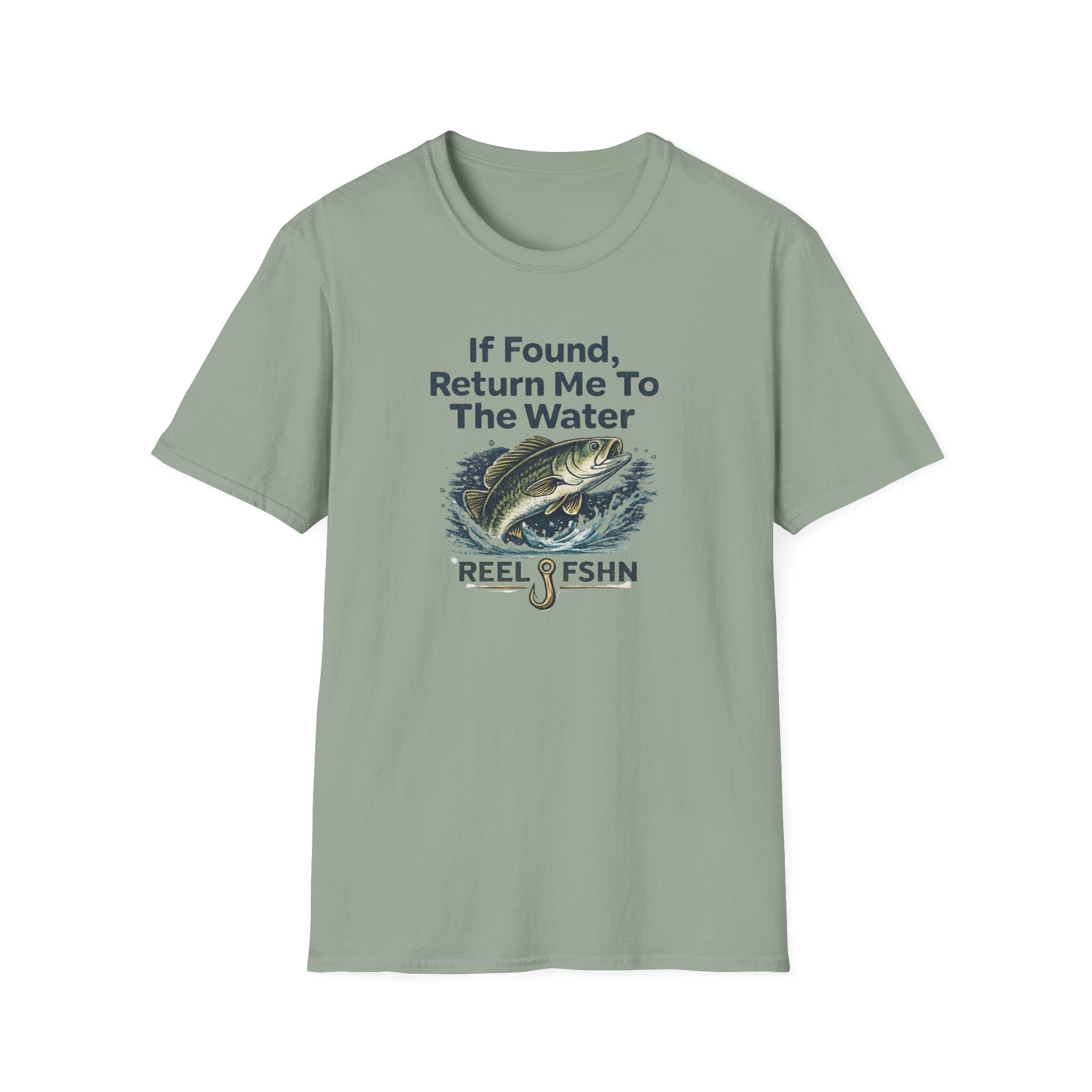 Sage green Comfort Colors cotton t-shirt with "If Found, Return Me To The Water" text and a jumping bass graphic.