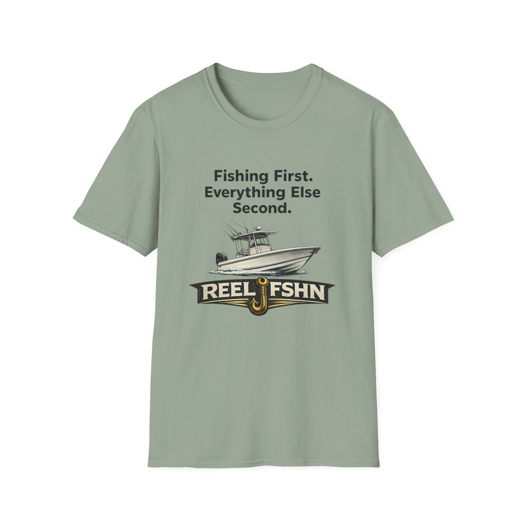 Sage green Comfort Colors t-shirt with "Fishing First. Everything Else Second." text, boat graphic, and "REEL FSHN" logo.