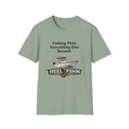 Sage green Comfort Colors t-shirt with "Fishing First. Everything Else Second." text, boat graphic, and "REEL FSHN" logo.