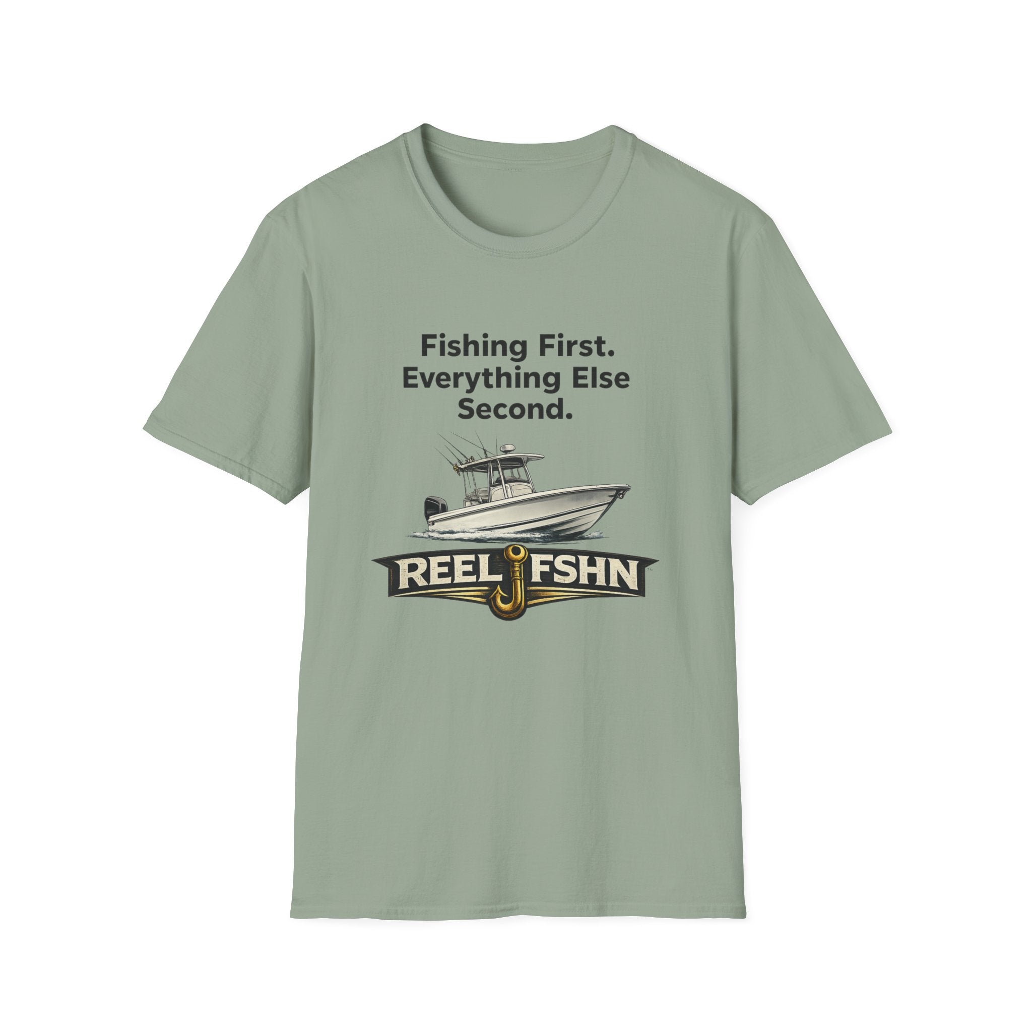Sage green Comfort Colors t-shirt with "Fishing First. Everything Else Second." text, boat graphic, and "REEL FSHN" logo.