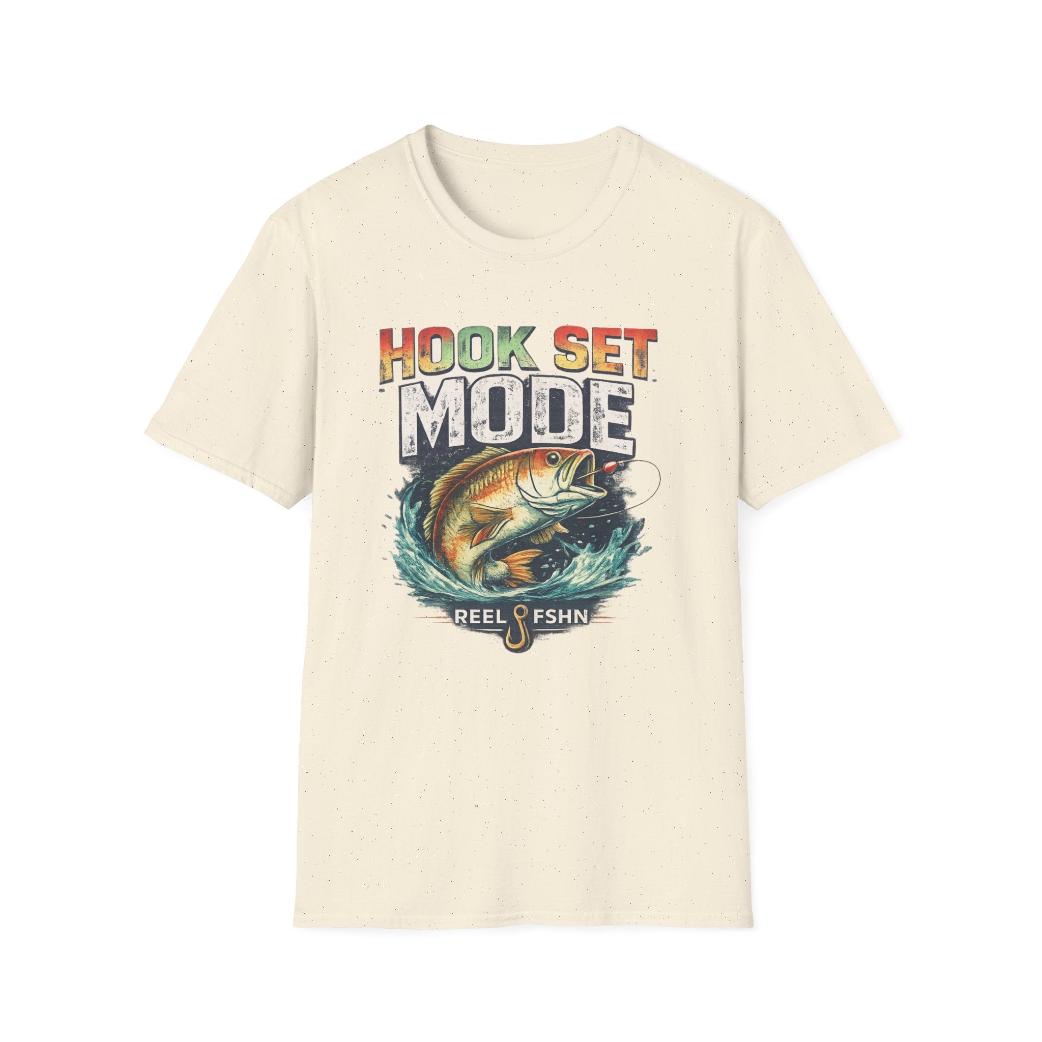 Comfort Colors cream t-shirt with "HOOK SET MODE" text and a bass jumping from water graphic.