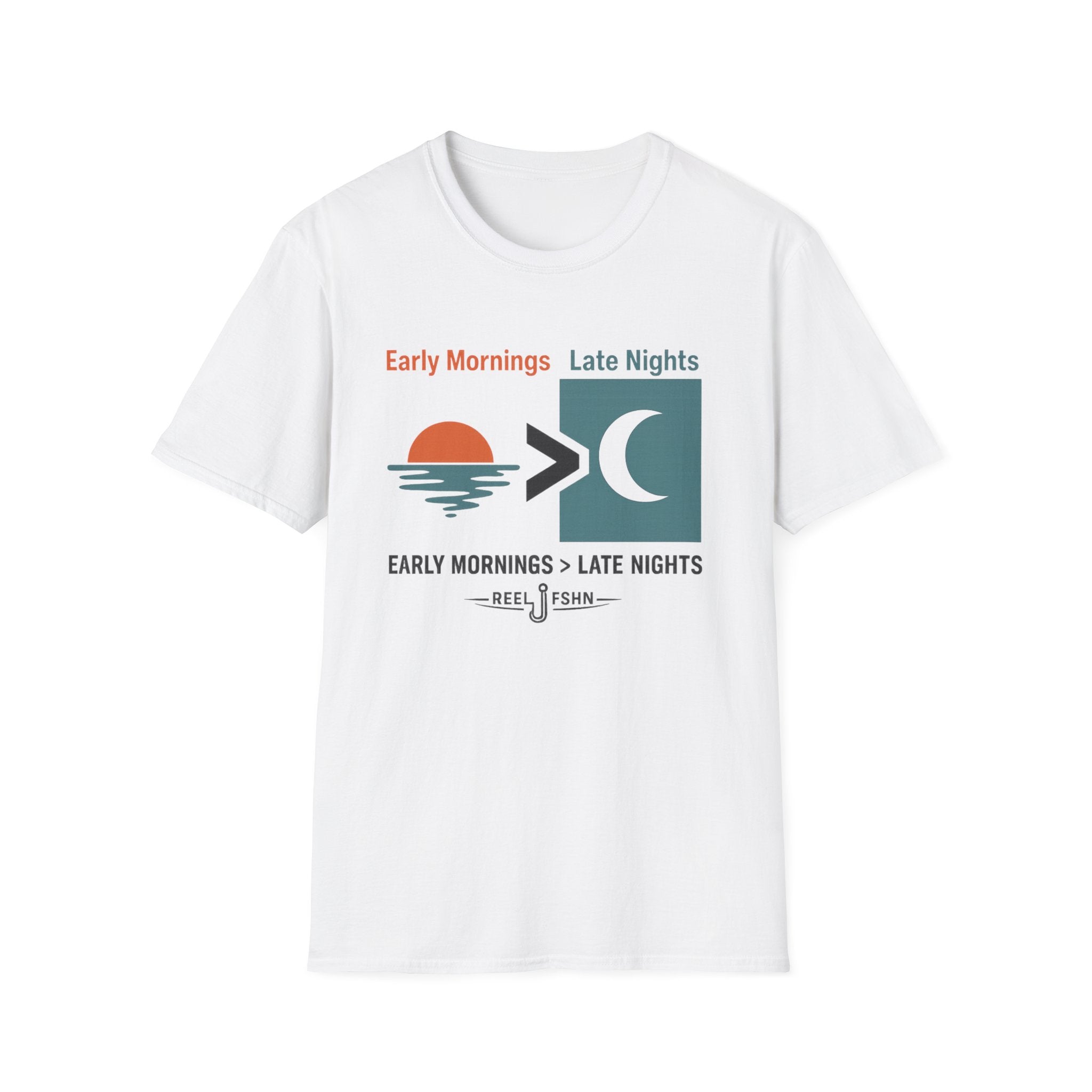 White Comfort Colors unisex tee with "Early Mornings > Late Nights" fishing graphic.