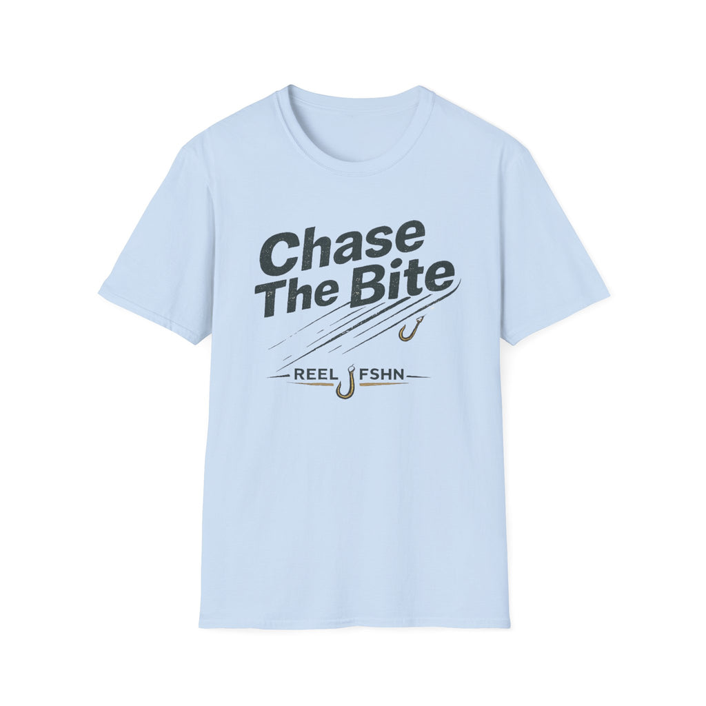 Light blue Comfort Colors unisex t-shirt with "Chase The Bite" and fishing hook graphic.