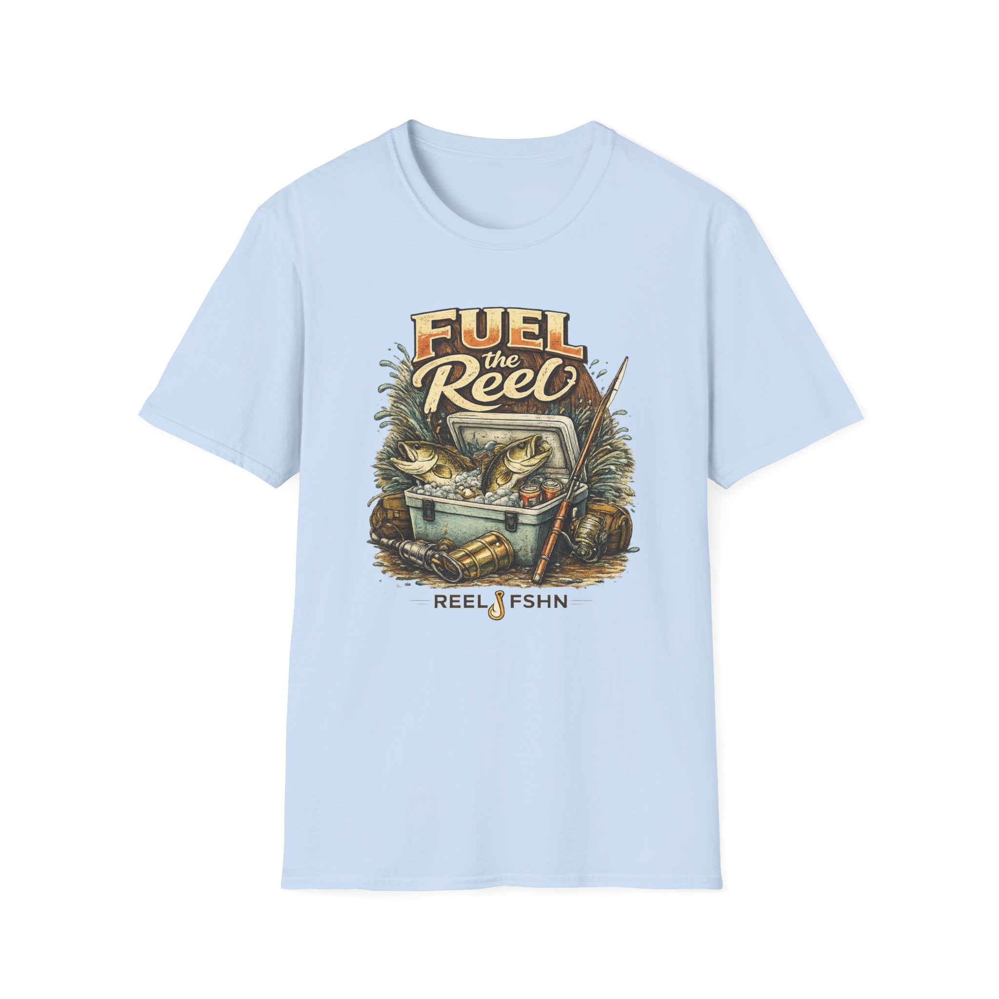 Light blue Comfort Colors cotton t-shirt with "Fuel The Reel" graphic featuring fish, tackle box, and fishing rod.
