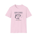 Pink Comfort Colors t-shirt with "Good Things Come To Those W Bait" text and a fish graphic.