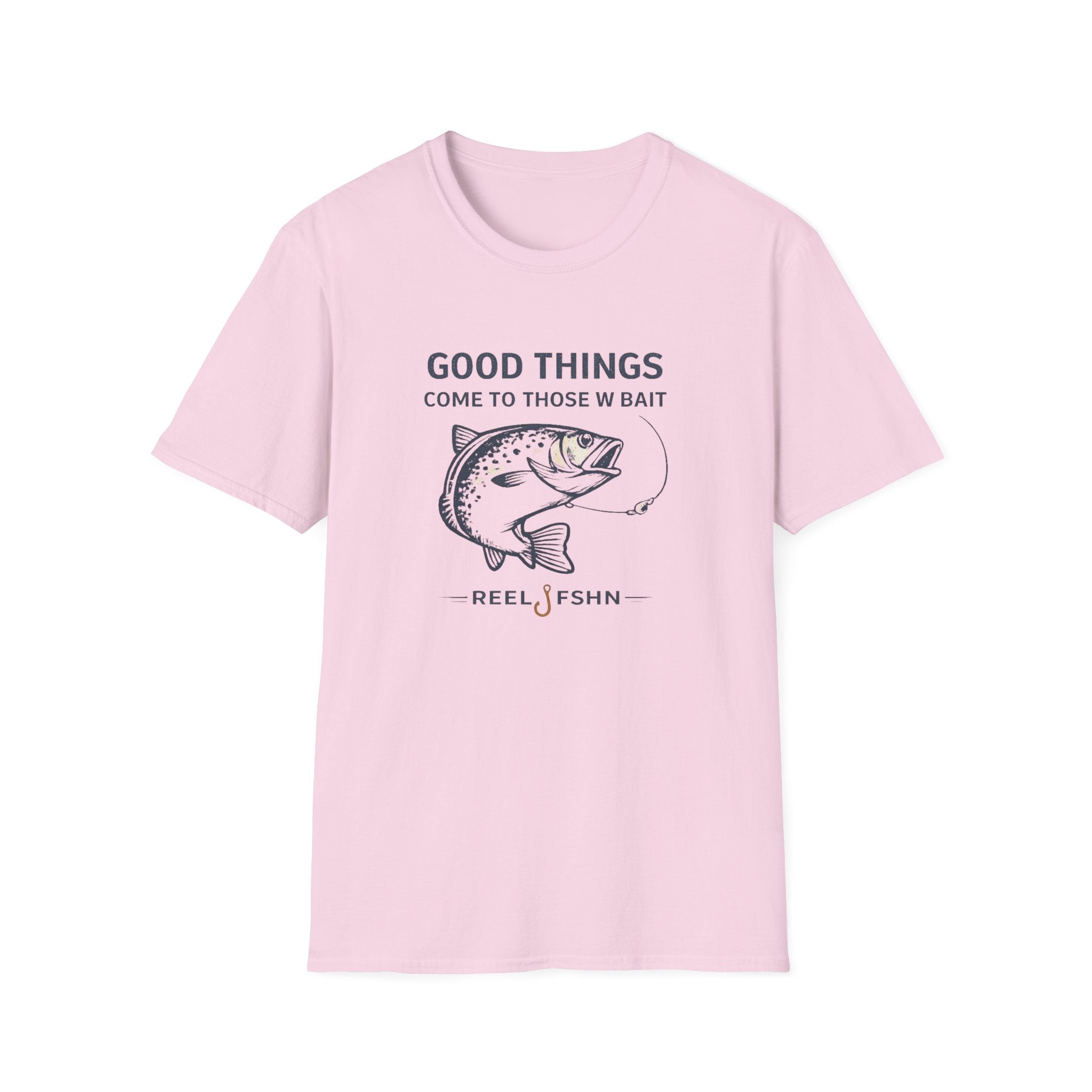 Pink Comfort Colors t-shirt with "Good Things Come To Those W Bait" text and a fish graphic.