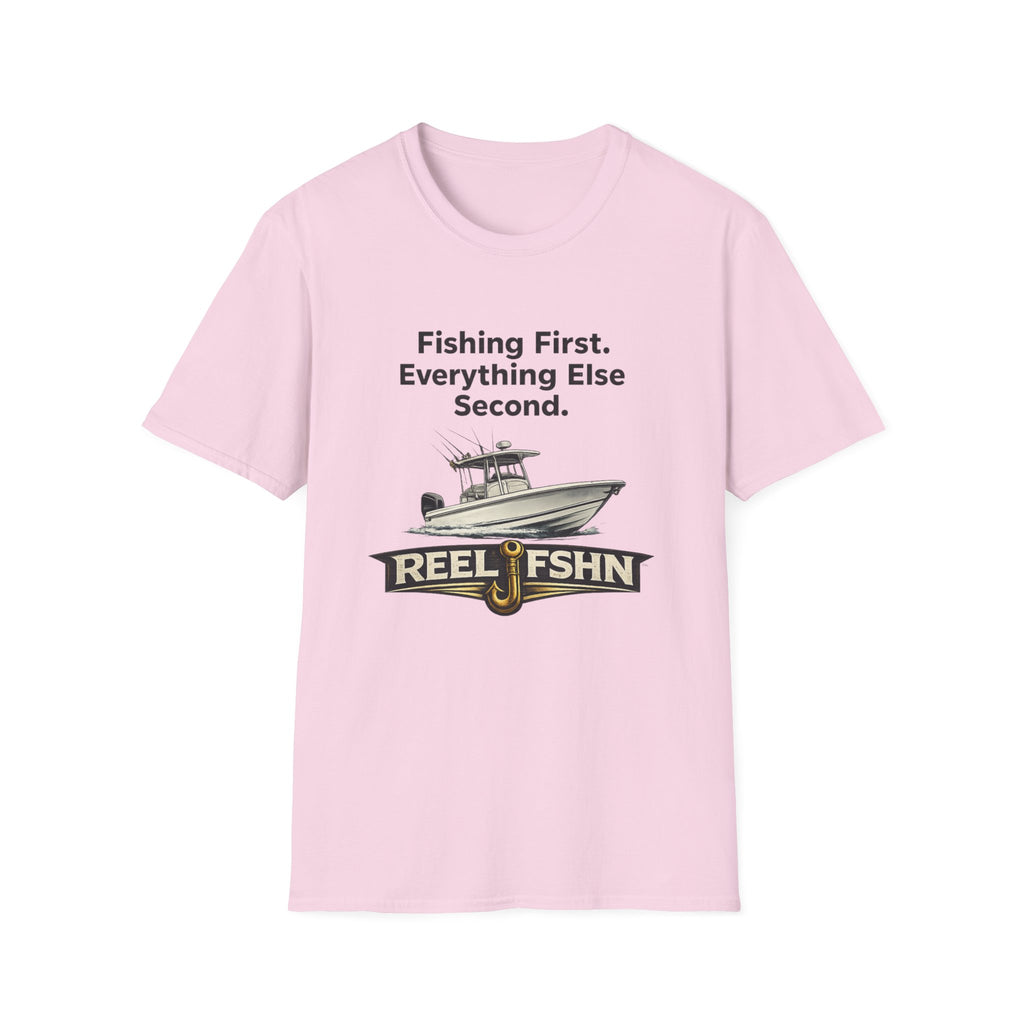 Pink Comfort Colors cotton t-shirt with "Fishing First. Everything Else Second." text, a boat graphic, and "REEL FSHN" logo.