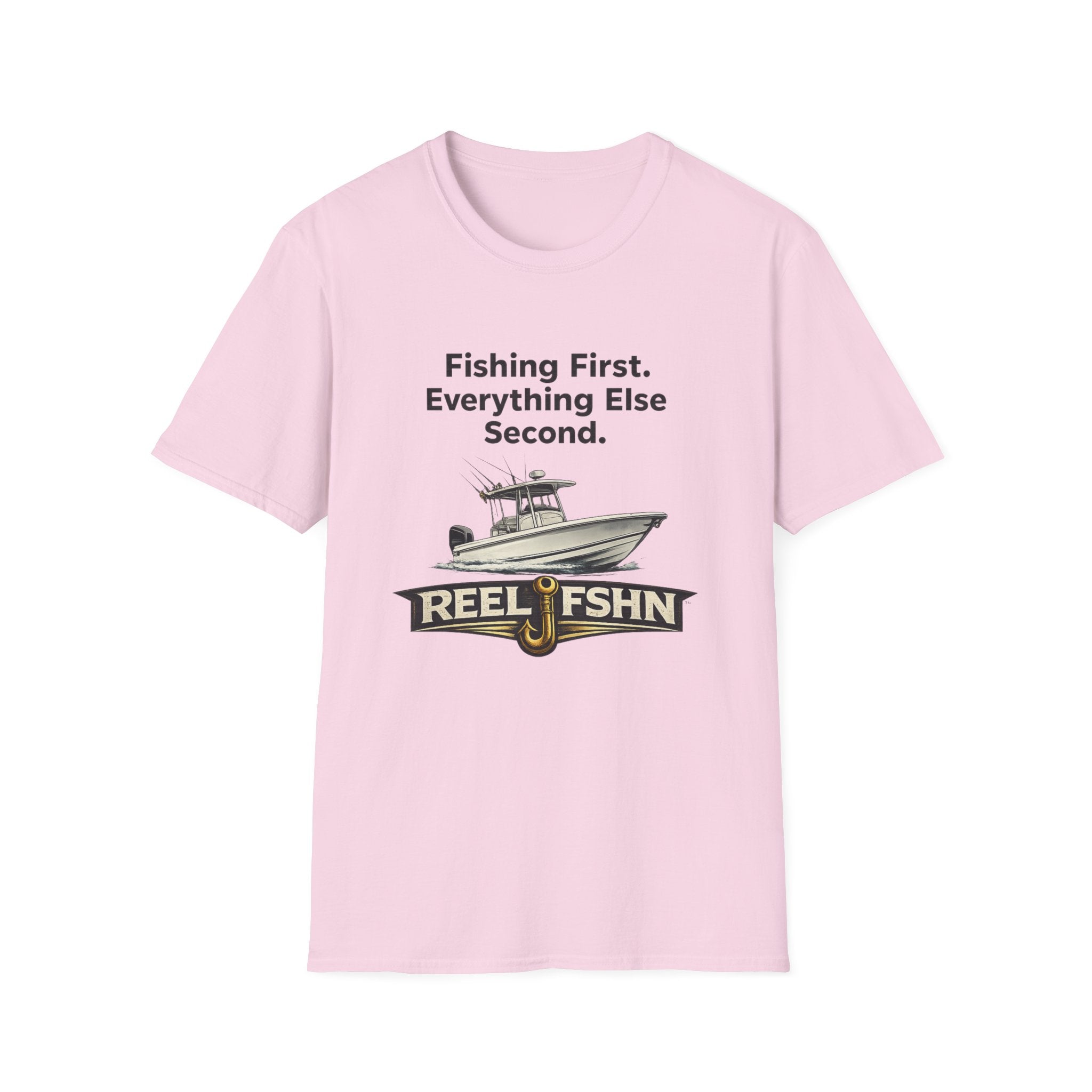 Pink Comfort Colors cotton t-shirt with "Fishing First. Everything Else Second." text, a boat graphic, and "REEL FSHN" logo.