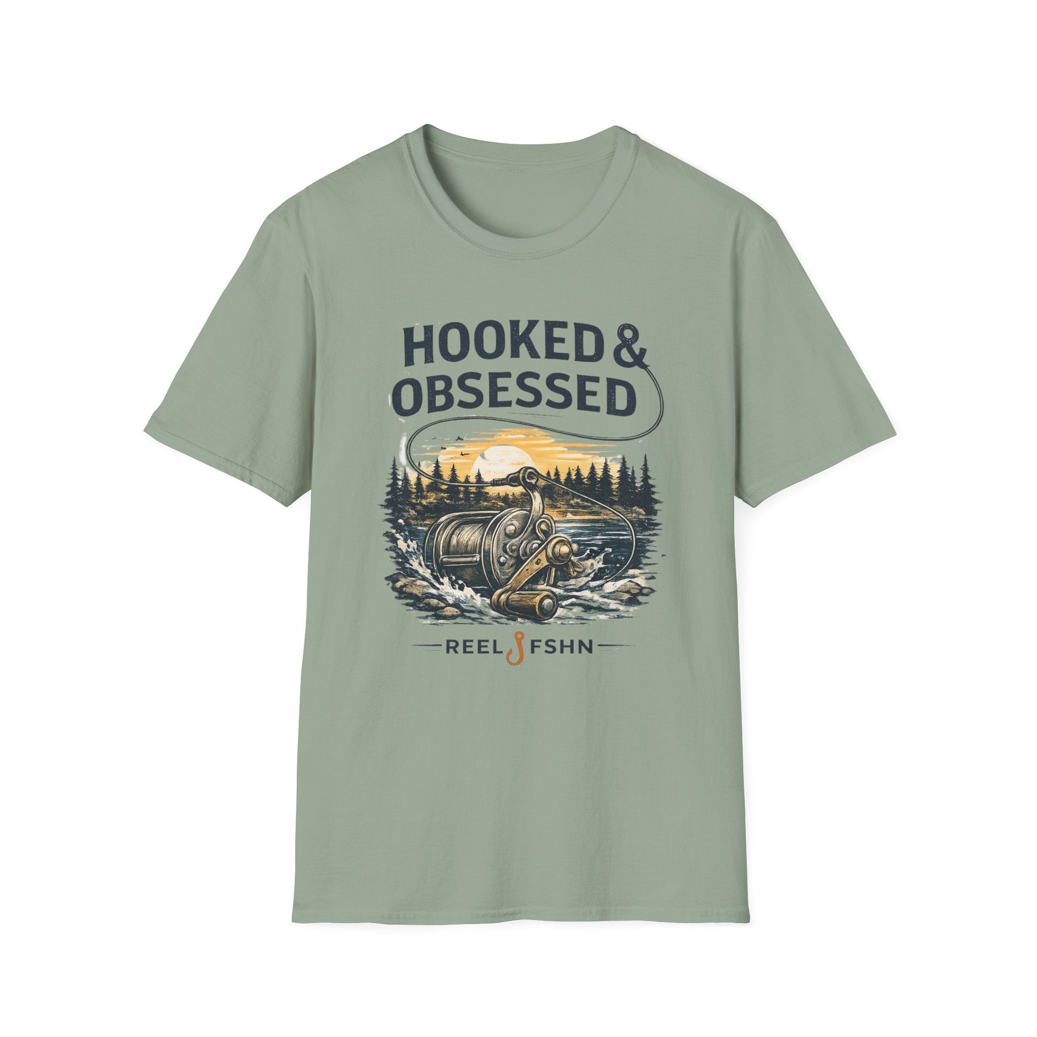 Unisex sage green cotton tee with "Hooked & Obsessed" text and a fishing reel graphic.