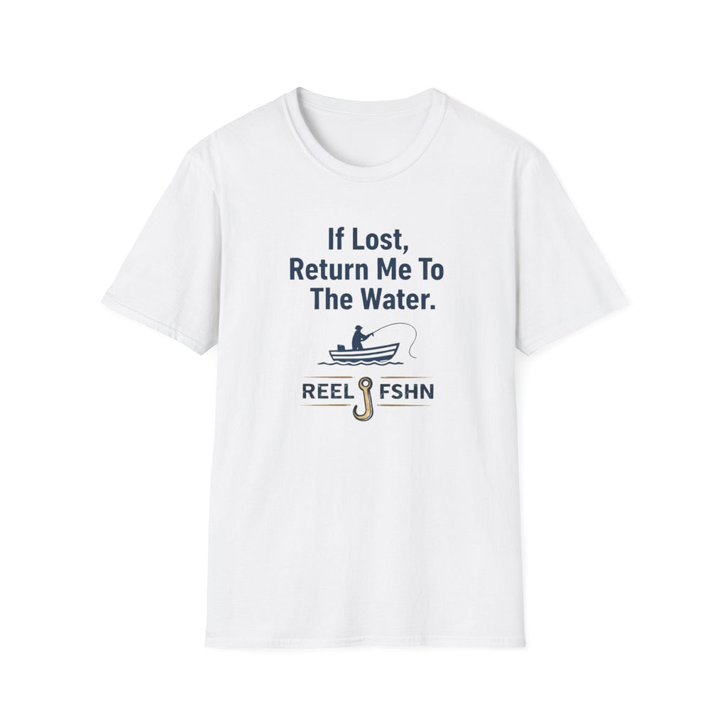 White Comfort Colors unisex t-shirt with "If Lost, Return Me To The Water" text and a fishing boat graphic.