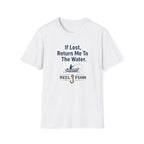 White Comfort Colors unisex t-shirt with "If Lost, Return Me To The Water" text and a fishing boat graphic.