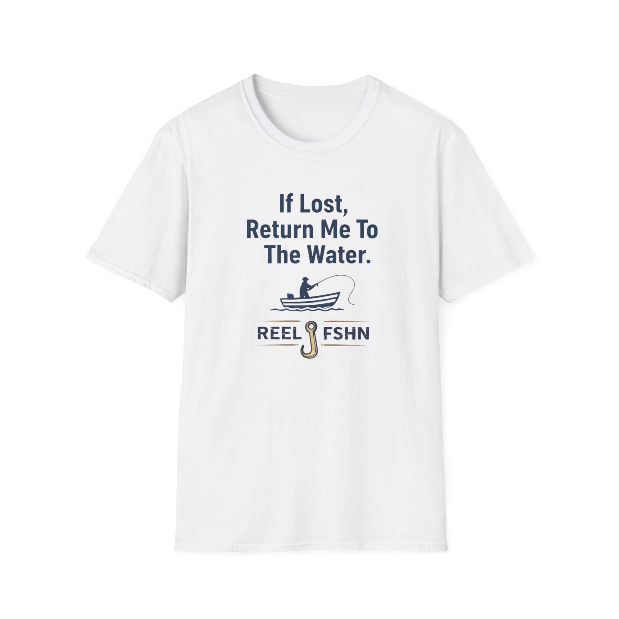White Comfort Colors unisex t-shirt with "If Lost, Return Me To The Water" text and a fishing boat graphic.