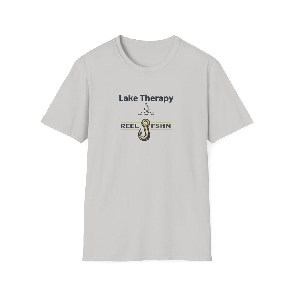 Light gray Comfort Colors cotton t-shirt with "Lake Therapy REEL FSHN" text and a fishing hook graphic.