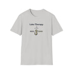 Light gray Comfort Colors cotton t-shirt with "Lake Therapy REEL FSHN" text and a fishing hook graphic.
