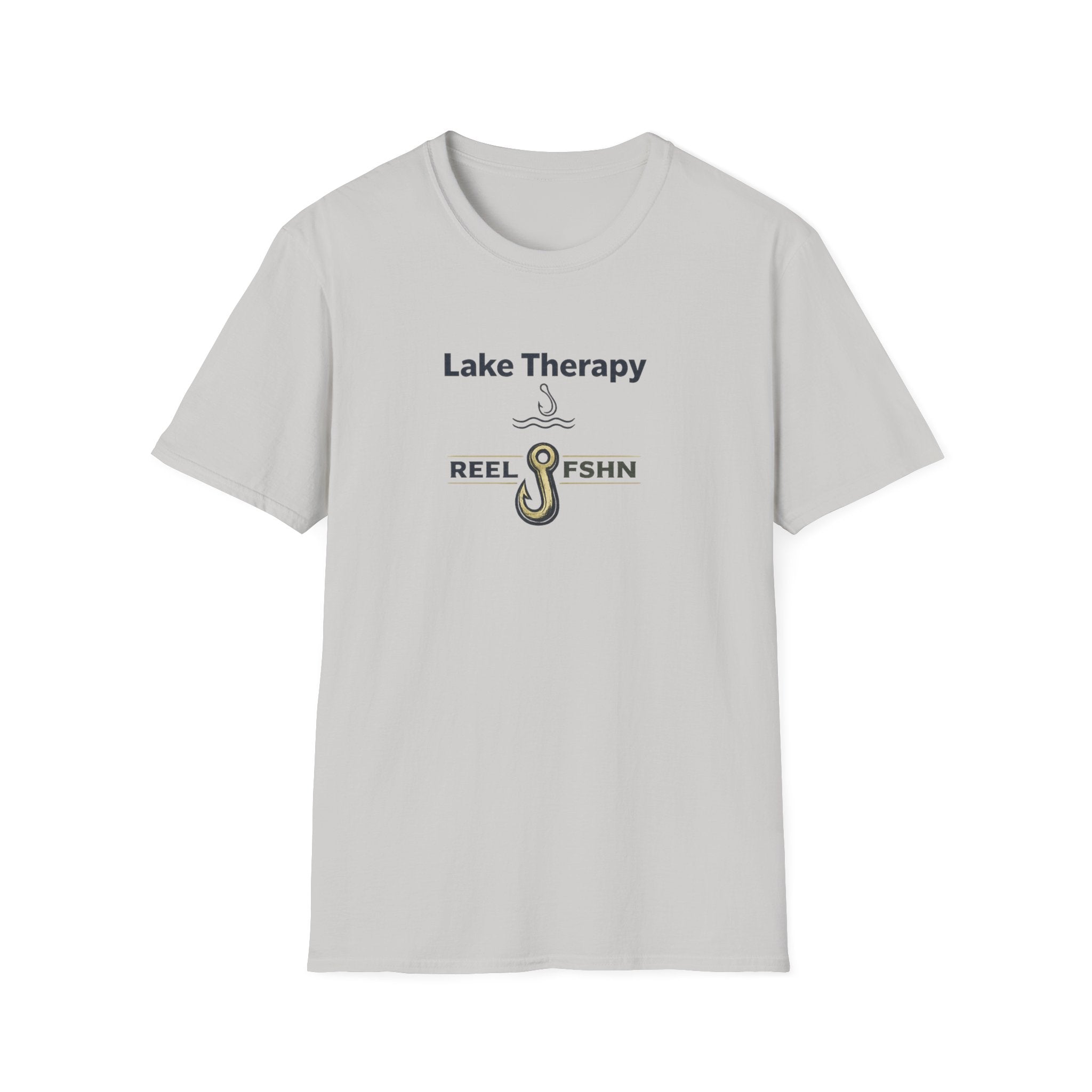 Light gray Comfort Colors cotton t-shirt with "Lake Therapy REEL FSHN" text and a fishing hook graphic.