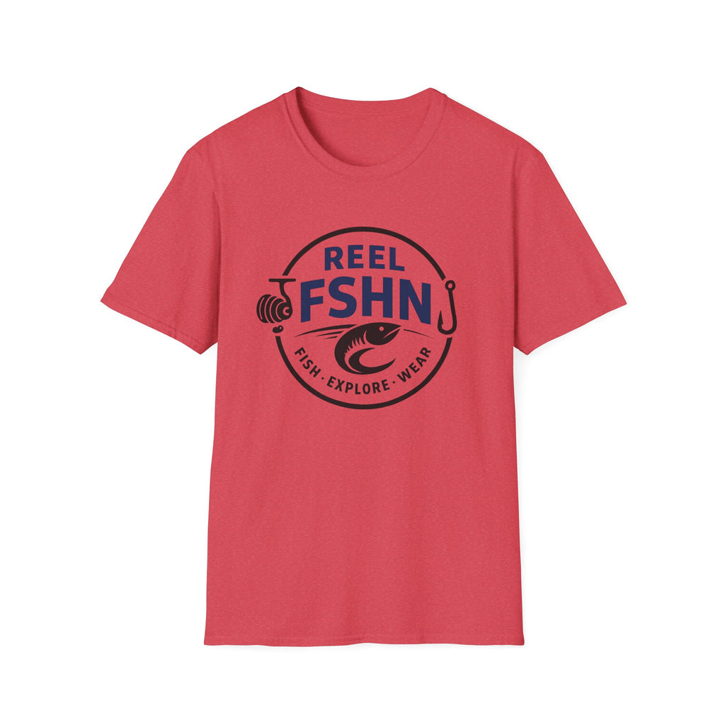 Red Comfort Colors unisex t-shirt with "REEL FSHN" fishing logo, reel, hook, and fish graphic.