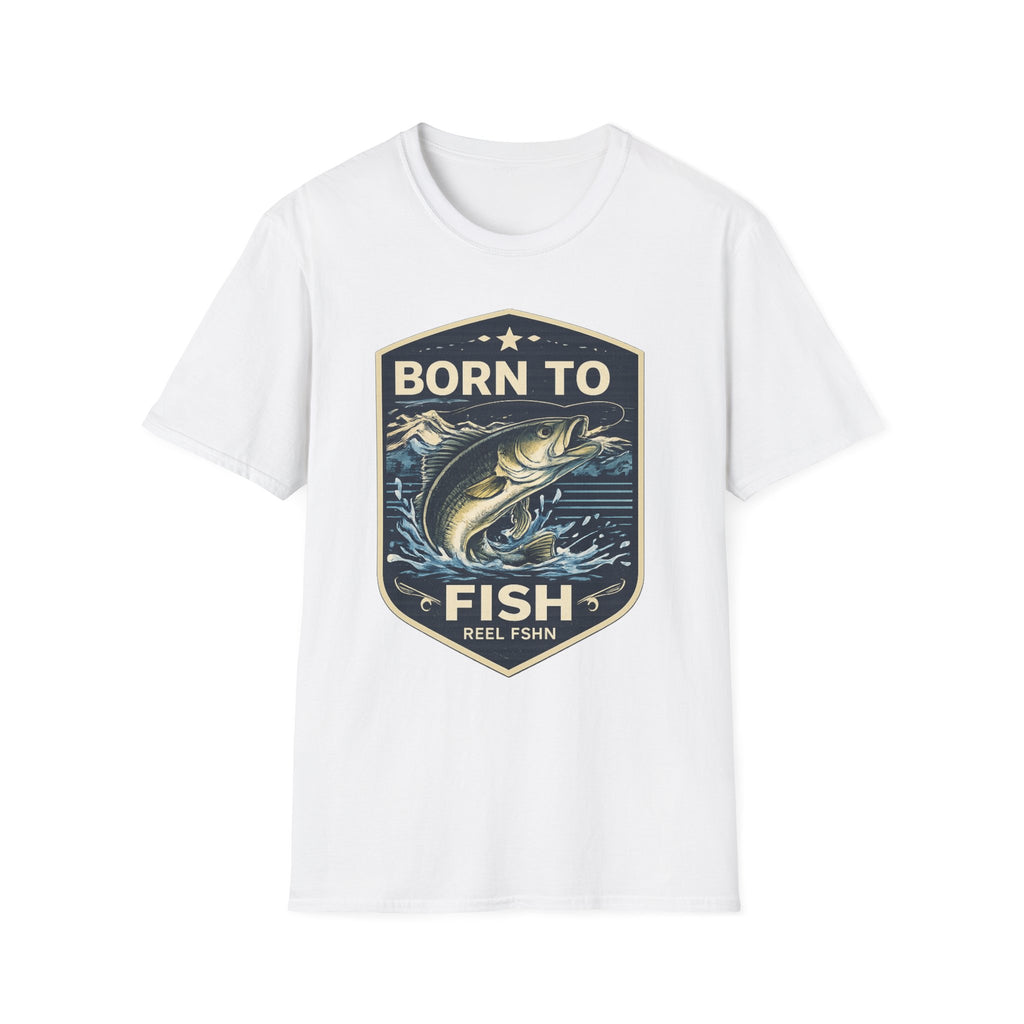 White unisex Comfort Colors cotton t-shirt with "Born to Fish" graphic featuring a jumping bass.