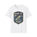 White unisex Comfort Colors cotton t-shirt with "Born to Fish" graphic featuring a jumping bass.