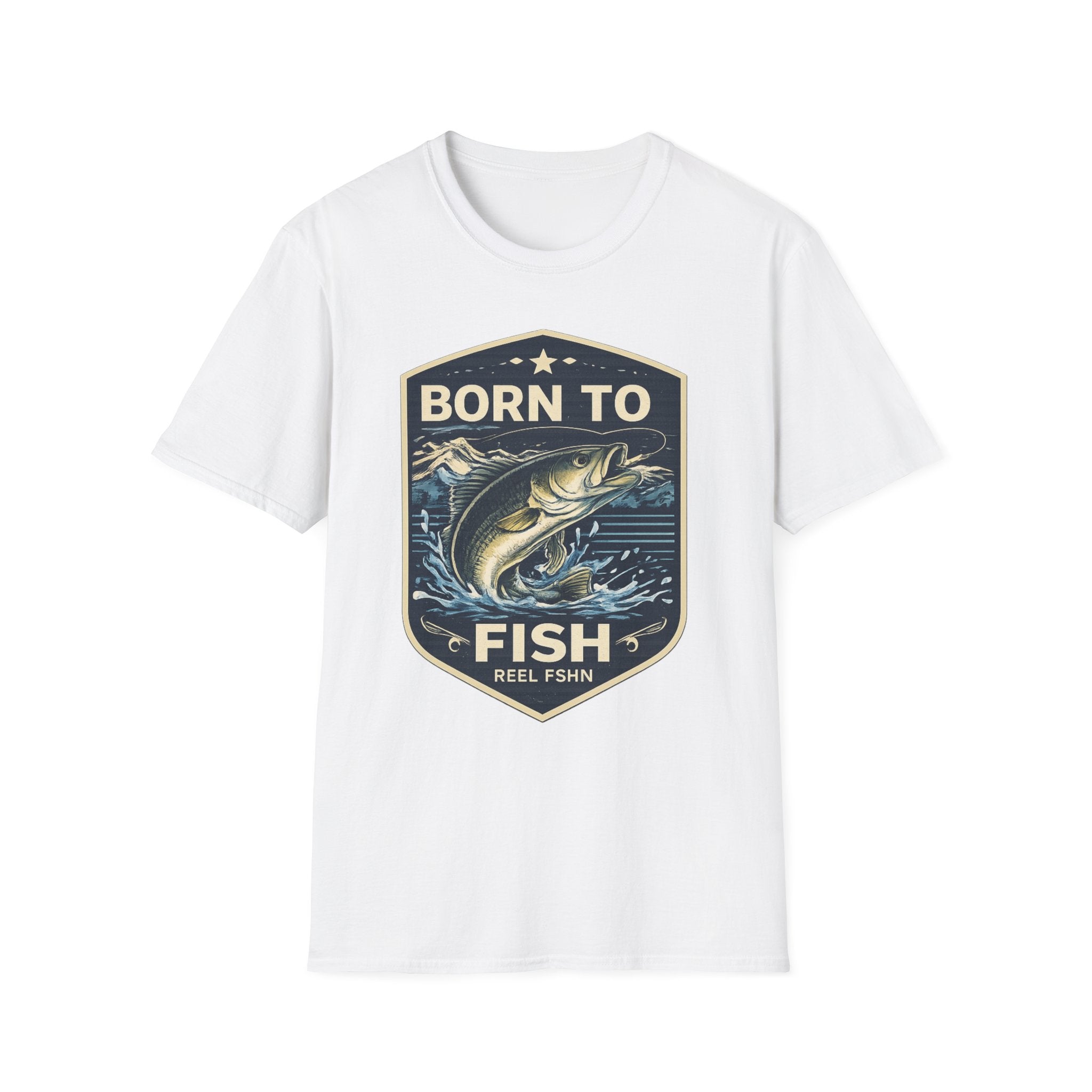 White unisex Comfort Colors cotton t-shirt with "Born to Fish" graphic featuring a jumping bass.