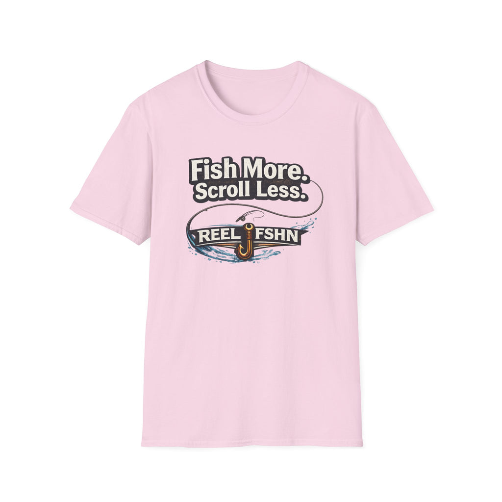 Light pink Comfort Colors unisex t-shirt with "Fish More. Scroll Less." and "REEL FSHN" fishing hook graphic.