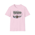 Light pink Comfort Colors unisex t-shirt with "Fish More. Scroll Less." and "REEL FSHN" fishing hook graphic.