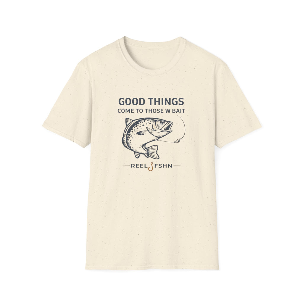 Comfort Colors unisex natural t-shirt with "Good Things Come To Those W Bait" fish graphic.