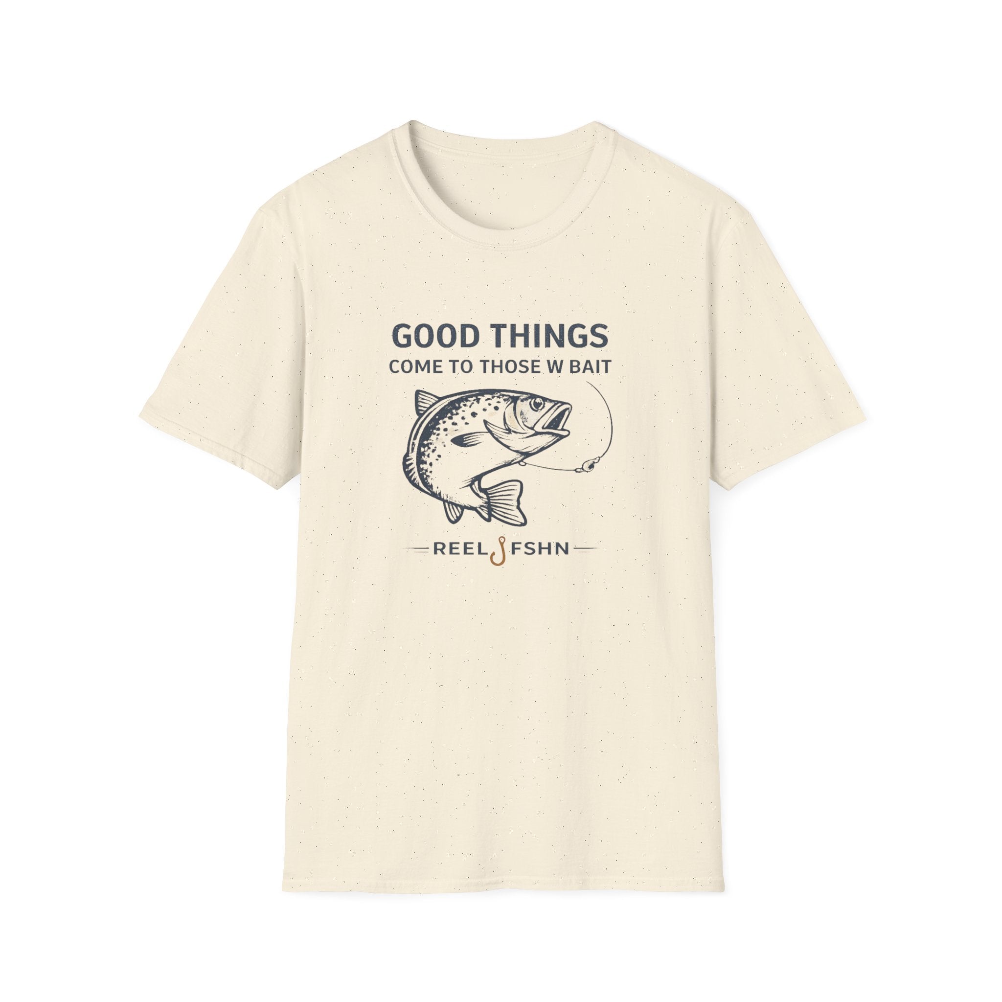 Comfort Colors unisex natural t-shirt with "Good Things Come To Those W Bait" fish graphic.
