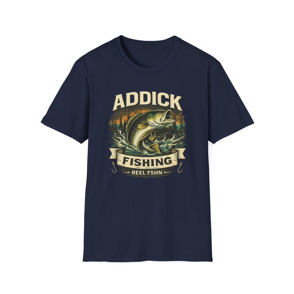Navy blue unisex Comfort Colors t-shirt with "ADDICK FISHING" graphic featuring a bass jumping from water.