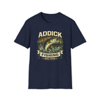 Navy blue unisex Comfort Colors t-shirt with "ADDICK FISHING" graphic featuring a bass jumping from water.
