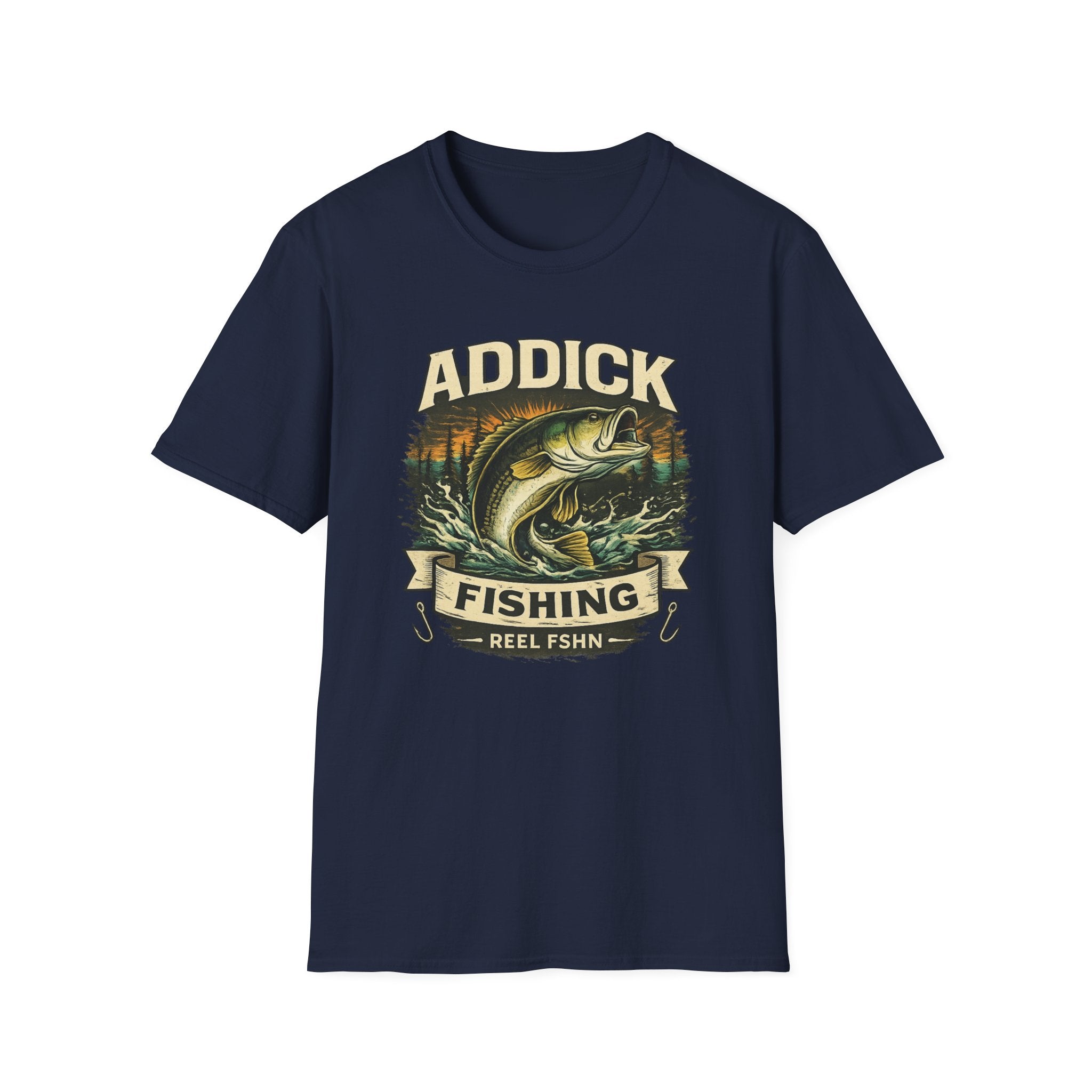 Navy blue unisex Comfort Colors t-shirt with "ADDICK FISHING" graphic featuring a bass jumping from water.