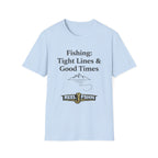 Light blue Comfort Colors cotton t-shirt with "Fishing: Tight Lines & Good Times" text and a fishing hook logo.
