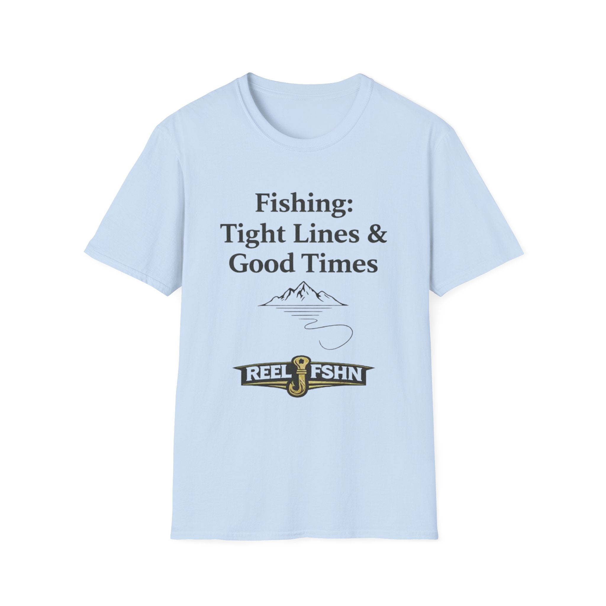 Light blue Comfort Colors cotton t-shirt with "Fishing: Tight Lines & Good Times" text and a fishing hook logo.