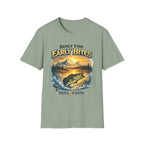 Comfort Colors sage green unisex tee with "Built for Early Bites" graphic featuring a bass jumping from a lake at sunrise.
