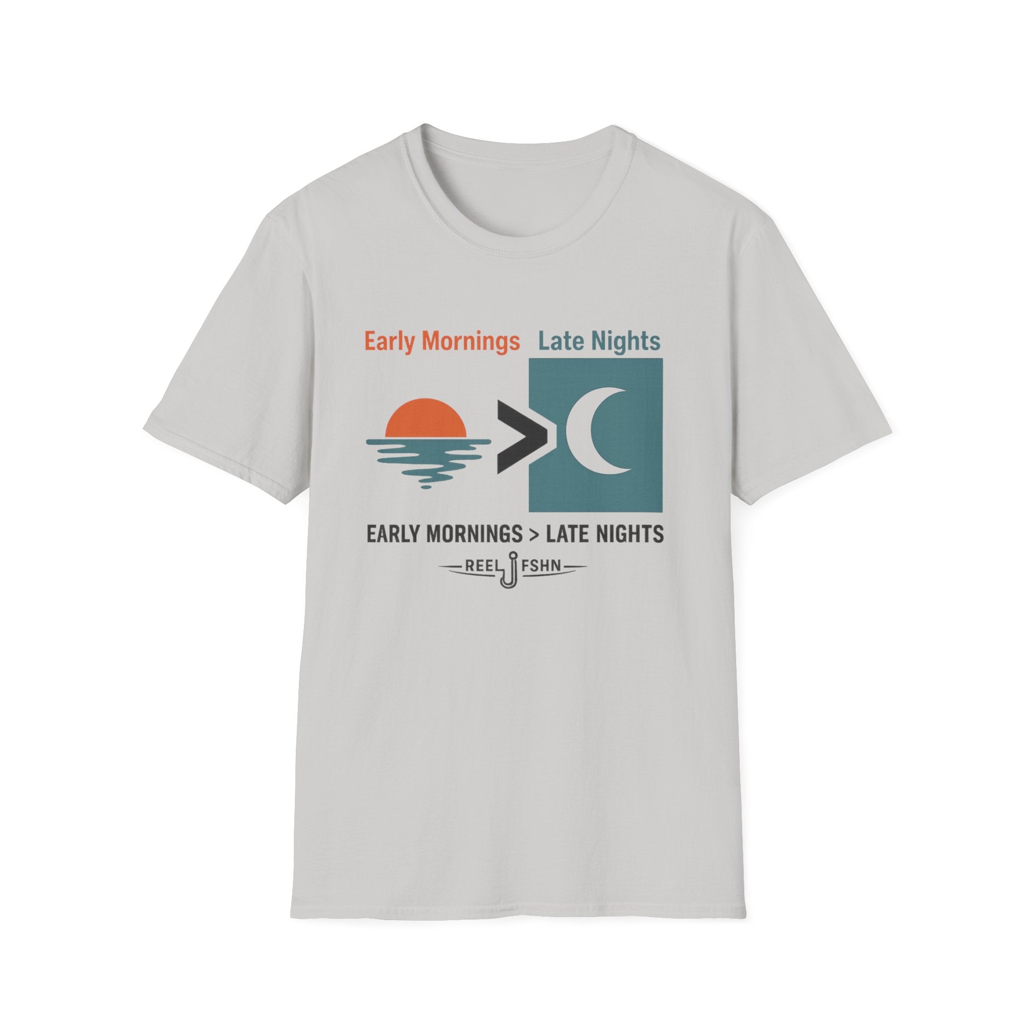 Light gray Comfort Colors unisex tee with "Early Mornings > Late Nights" fishing graphic.
