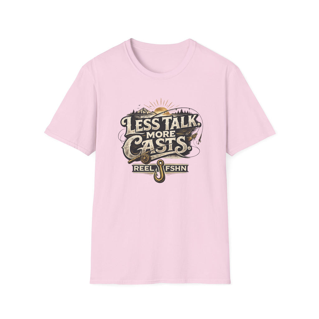 Pink Comfort Colors t-shirt with "Less Talk More Casts" fishing graphic and "REEL FSHN" logo.