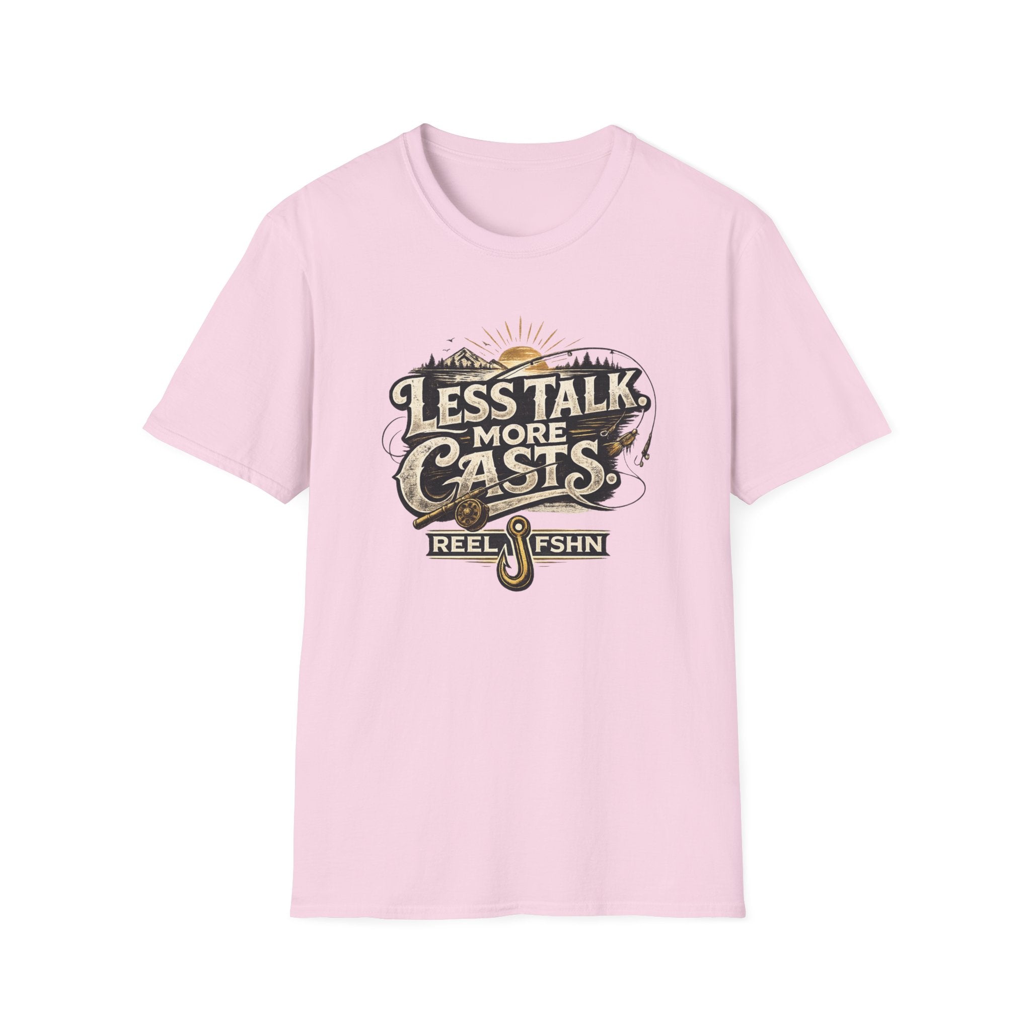 Pink Comfort Colors t-shirt with "Less Talk More Casts" fishing graphic and "REEL FSHN" logo.