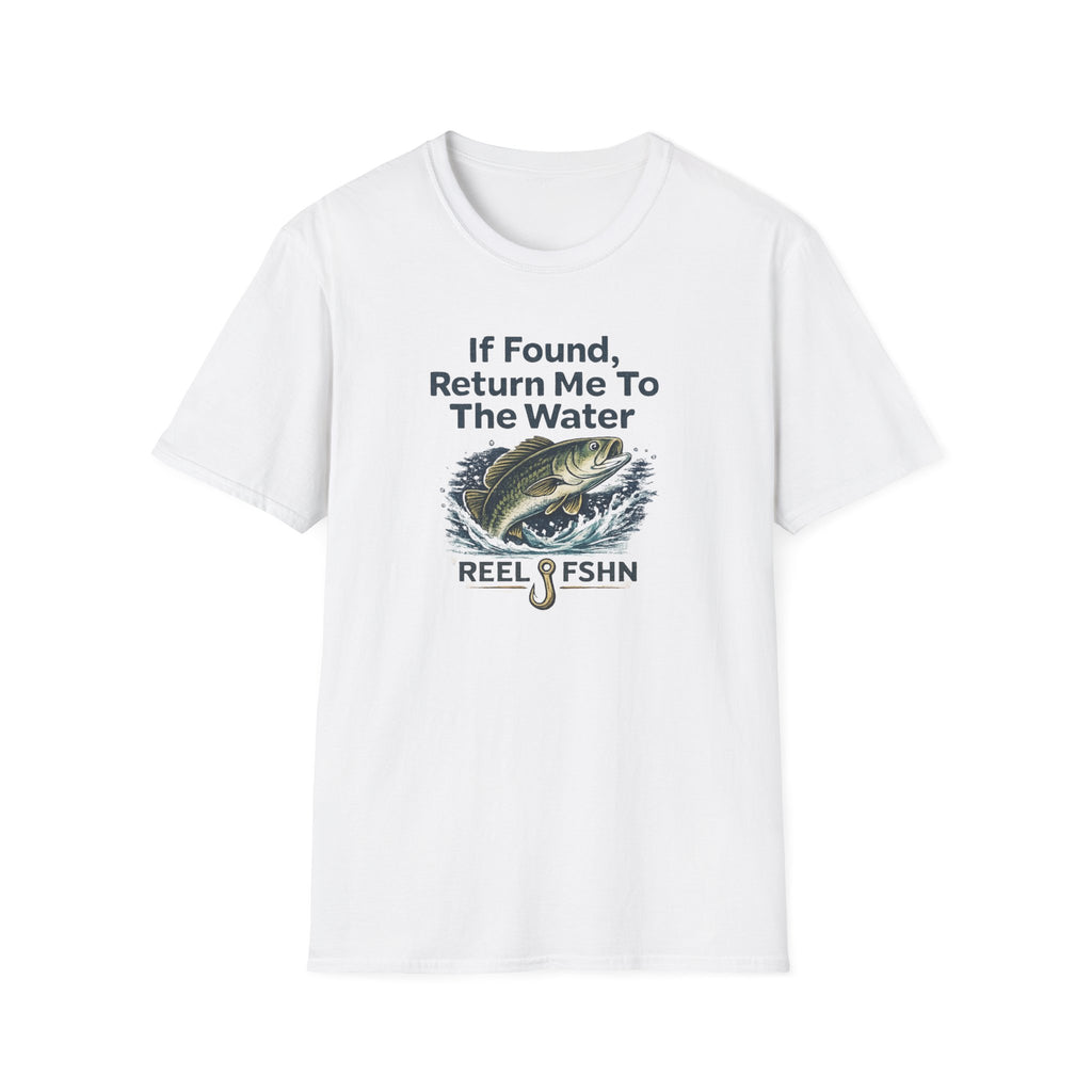 White Comfort Colors cotton t-shirt with "If Found, Return Me To The Water" text, a jumping bass, and "REEL FSHN" with a fishing hook.