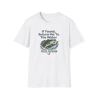 White Comfort Colors cotton t-shirt with "If Found, Return Me To The Water" text, a jumping bass, and "REEL FSHN" with a fishing hook.