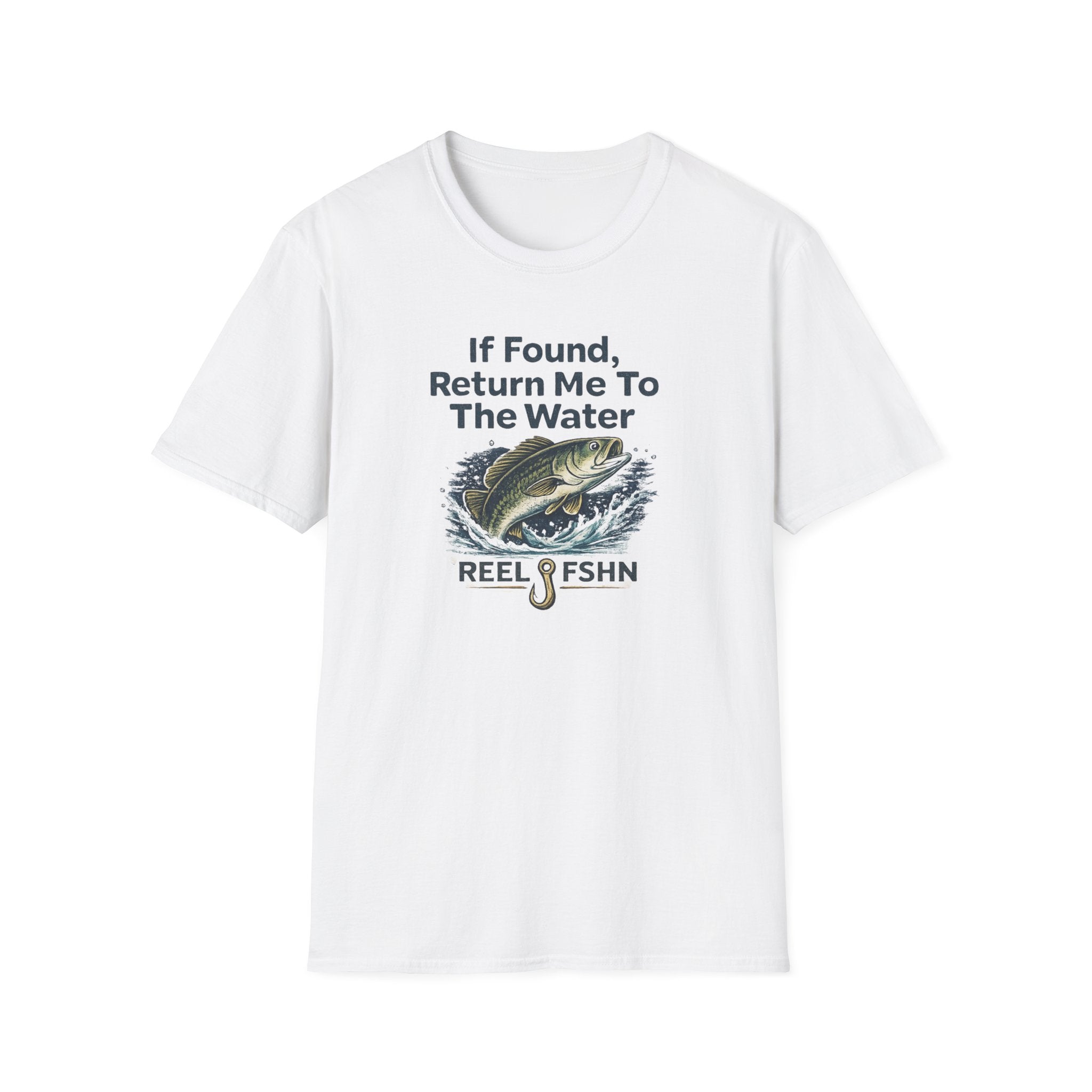 White Comfort Colors cotton t-shirt with "If Found, Return Me To The Water" text, a jumping bass, and "REEL FSHN" with a fishing hook.