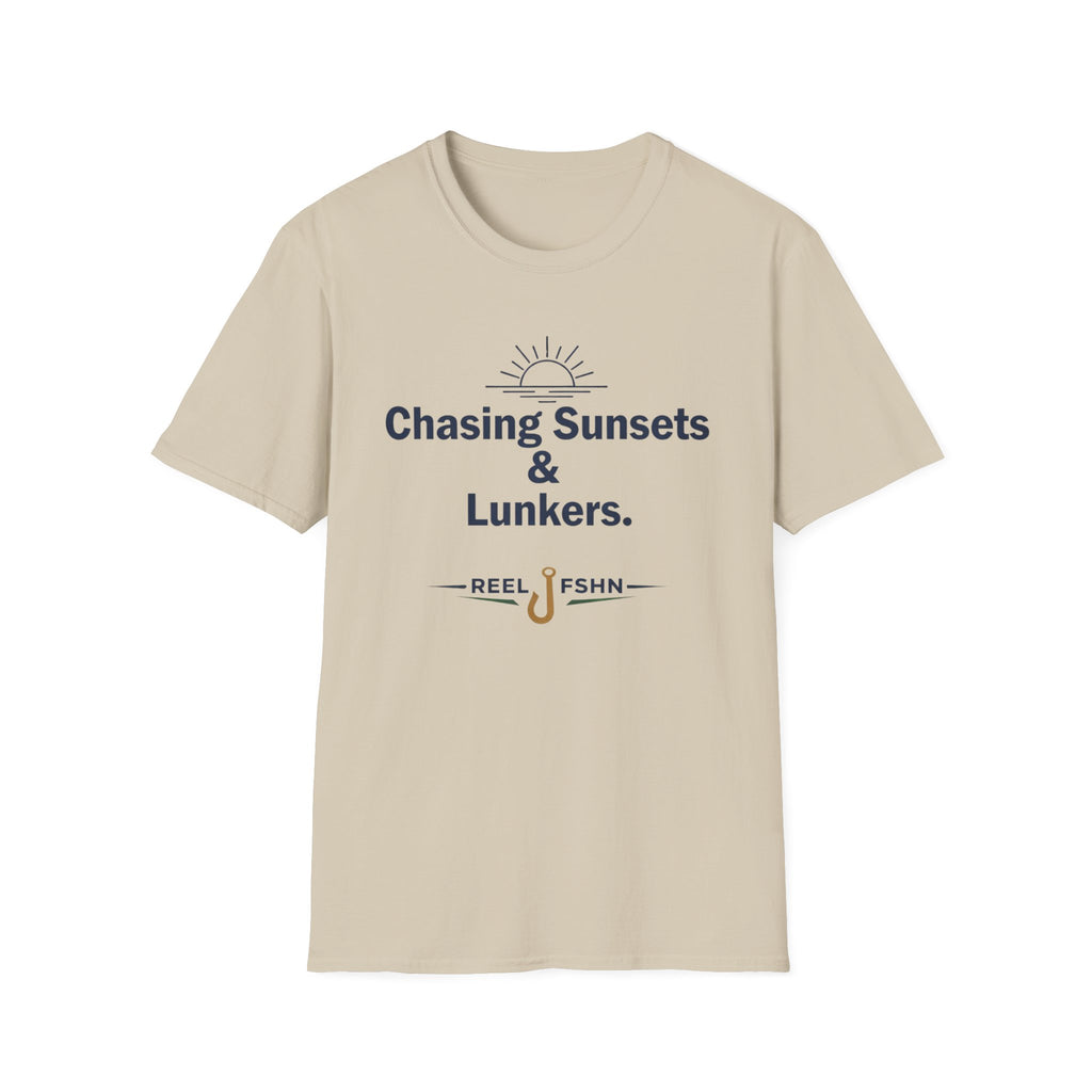 Comfort Colors sand t-shirt with "Chasing Sunsets & Lunkers" text, sun graphic, and fishing hook.