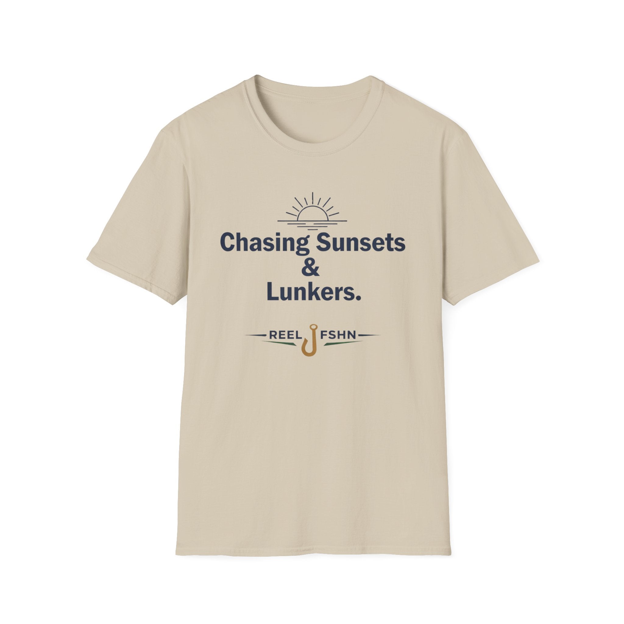 Comfort Colors sand t-shirt with "Chasing Sunsets & Lunkers" text, sun graphic, and fishing hook.