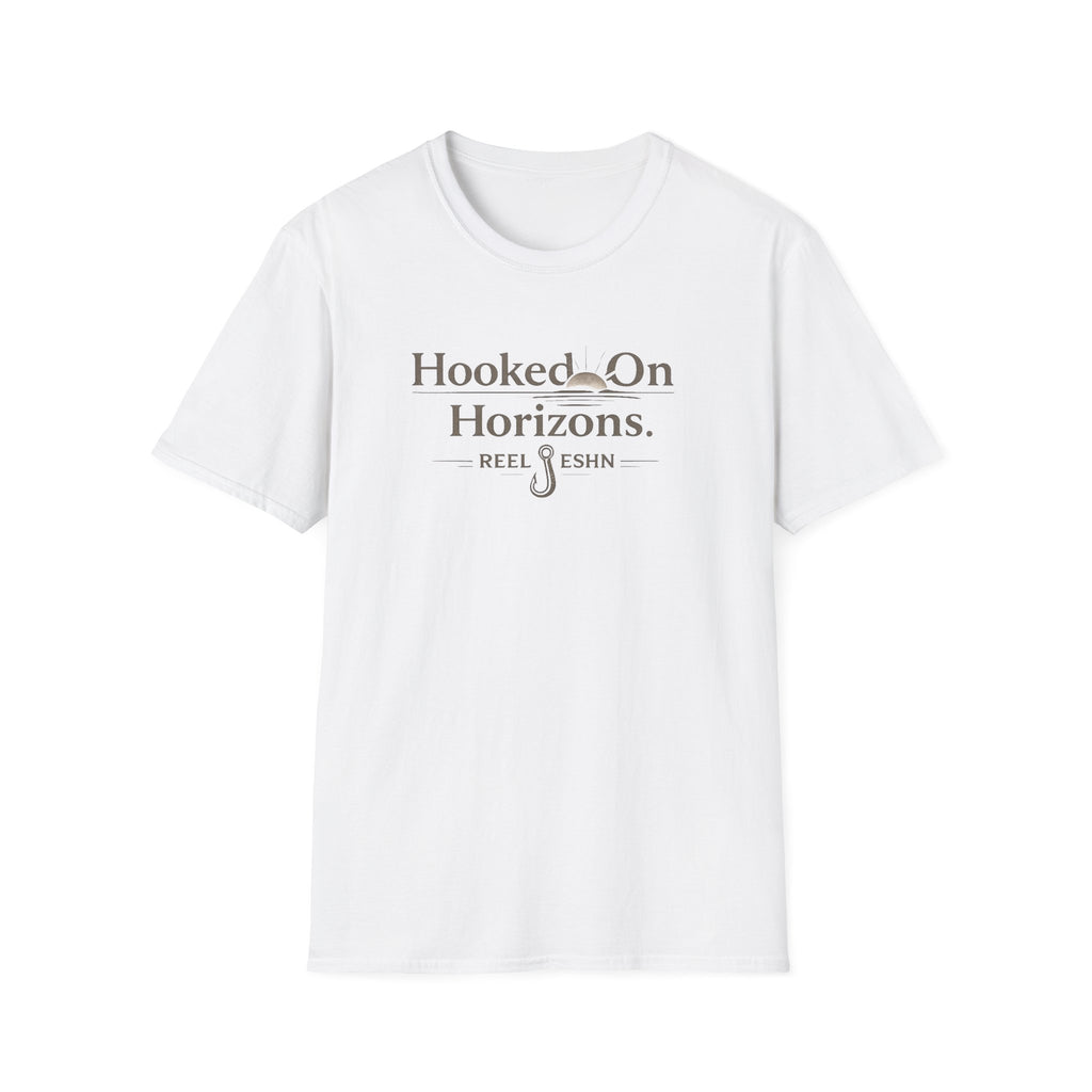White unisex Comfort Colors t-shirt with "Hooked On Horizons. REEL FISHN" graphic in brown.