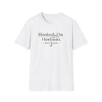 White unisex Comfort Colors t-shirt with "Hooked On Horizons. REEL FISHN" graphic in brown.